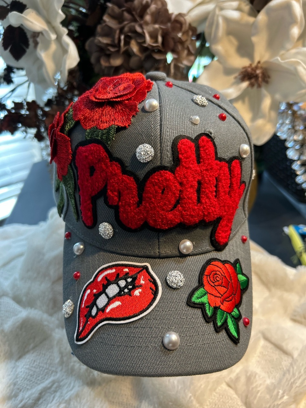Gray Embellished 'Pretty' Floral Patch Baseball Cap